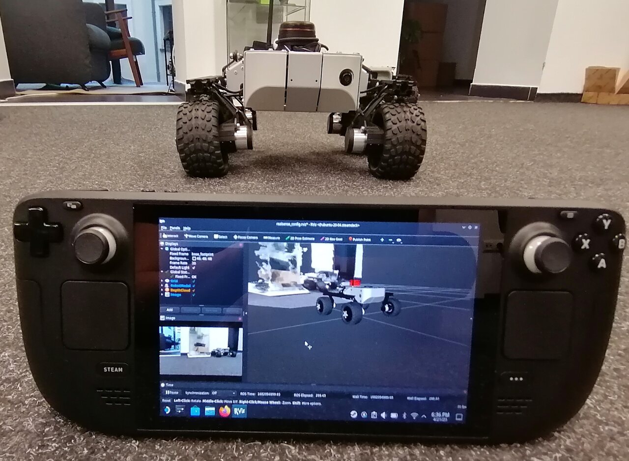A Leo Rover controlled by a Steam Deck